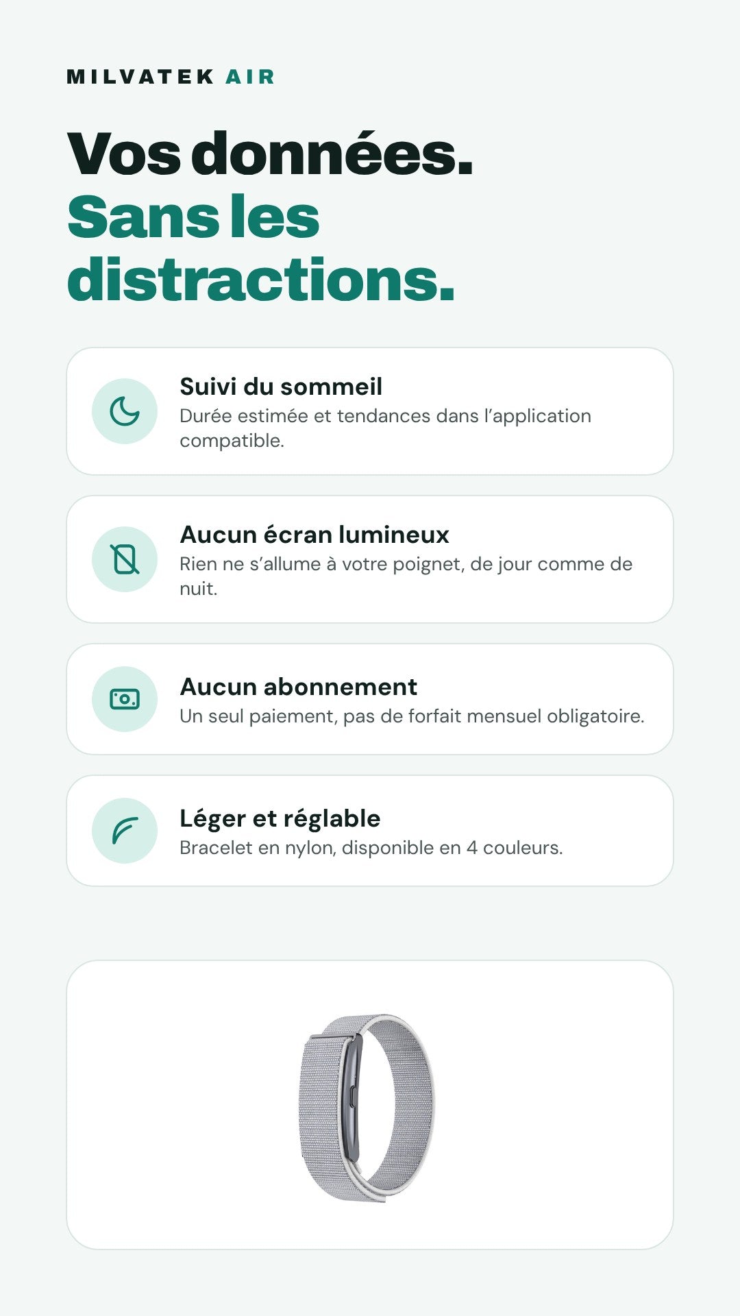 Milvatek Air : suivi du sommeil, aucun écran lumineux, aucun abonnement, léger et réglable