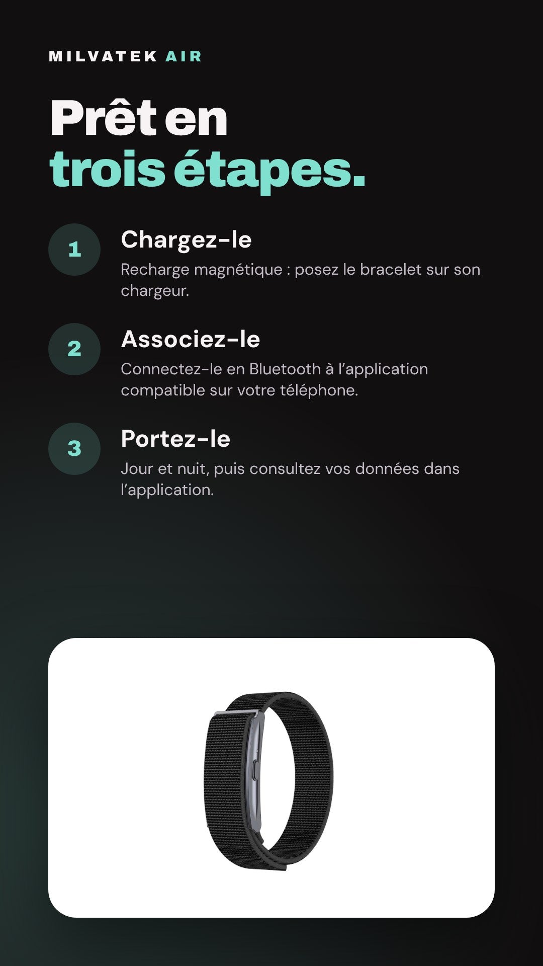 Milvatek Air en trois étapes : chargez, associez, portez